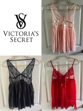 Victoria Secret Vintage Chemise Sz Medium Black Satin Lingerie Sheer